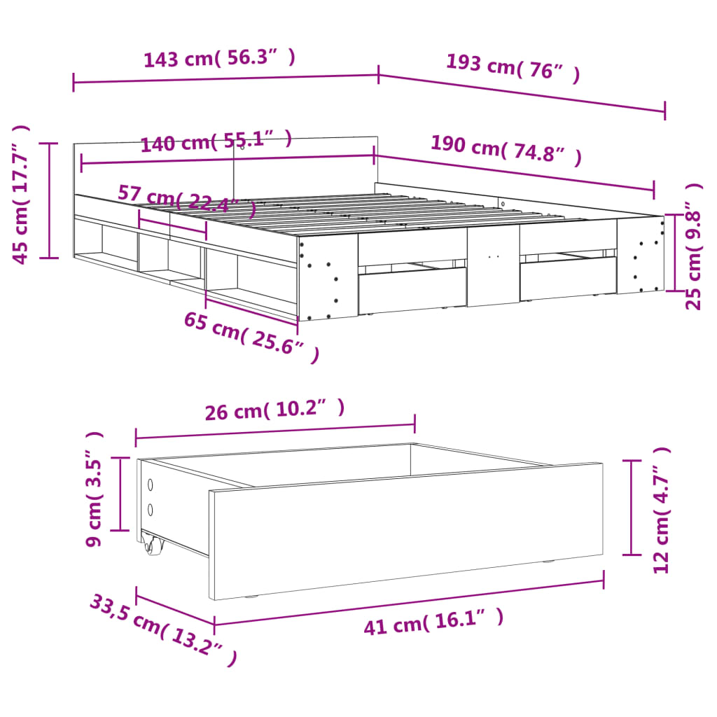vidaXL Cadre de lit et tiroirs chêne sonoma 140x190 cm bois ingénierie