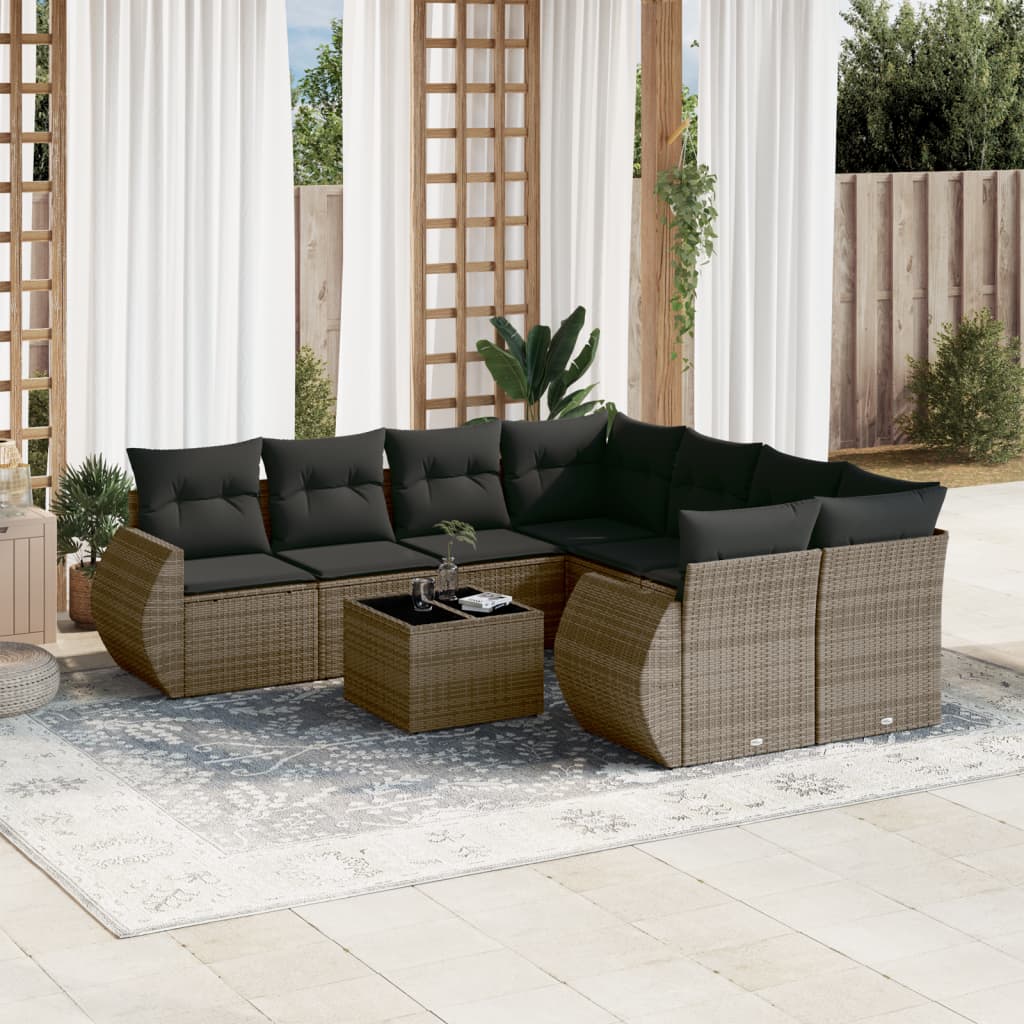 vidaXL Salon de jardin 9 pcs avec coussins gris résine tressée