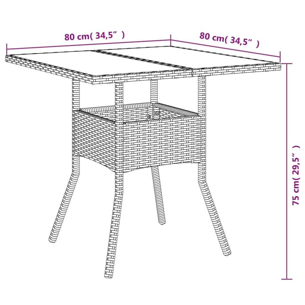 vidaXL Table de jardin dessus en verre gris 80x80x75 cm résine tressée