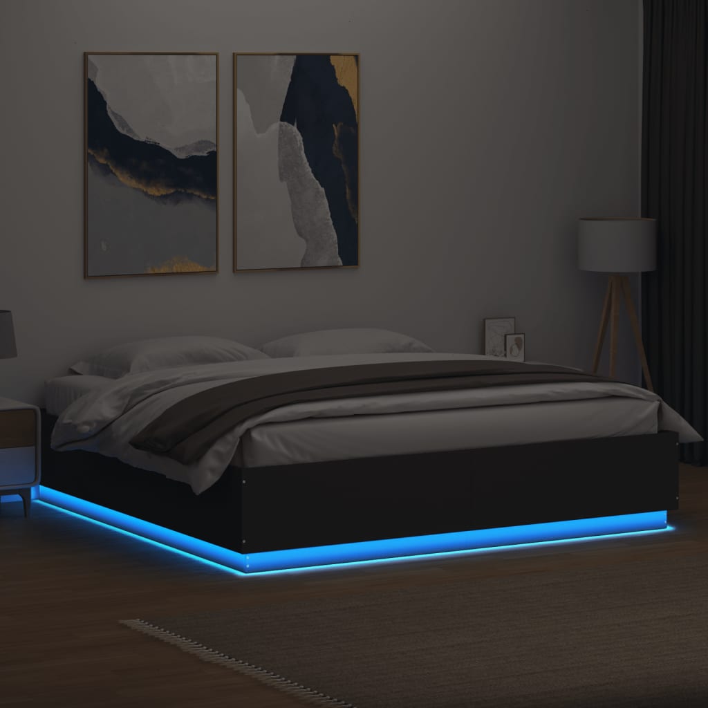 vidaXL Cadre de lit avec lumières LED noir 200x200cm bois d'ingénierie