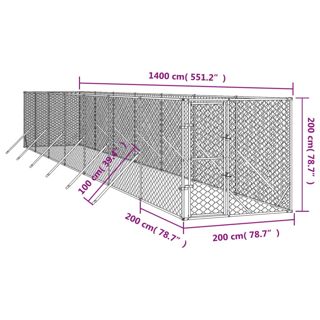 vidaXL Chenil d'extérieur pour chiens argenté 2x14x2 m acier galvanisé