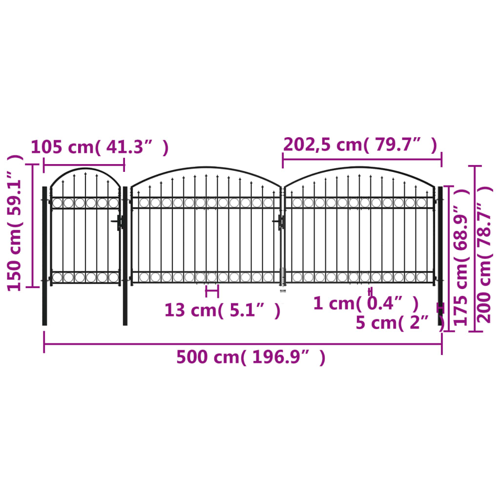vidaXL Portail de clôture de jardin avec dessus arqué Acier 2x5 m Noir