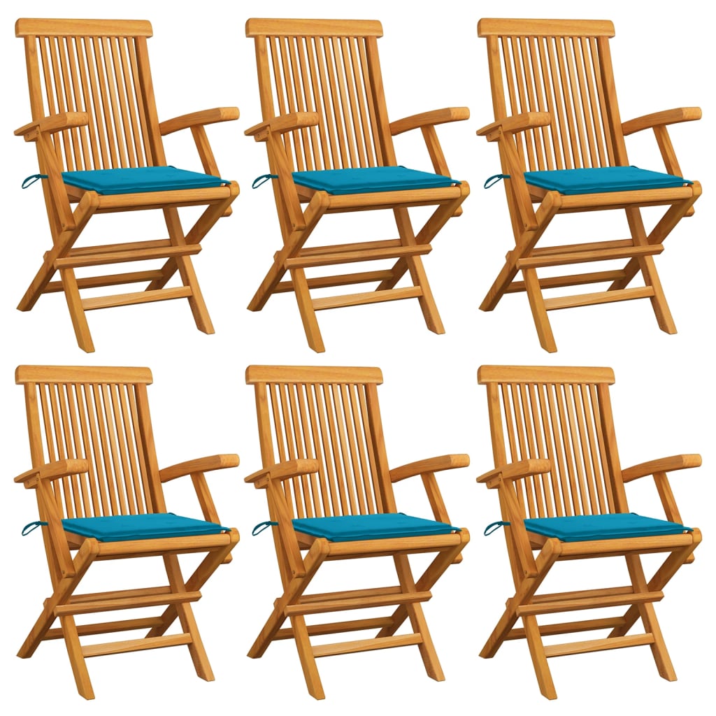 vidaXL Chaises de jardin avec coussins bleu 6 pcs Bois de teck massif