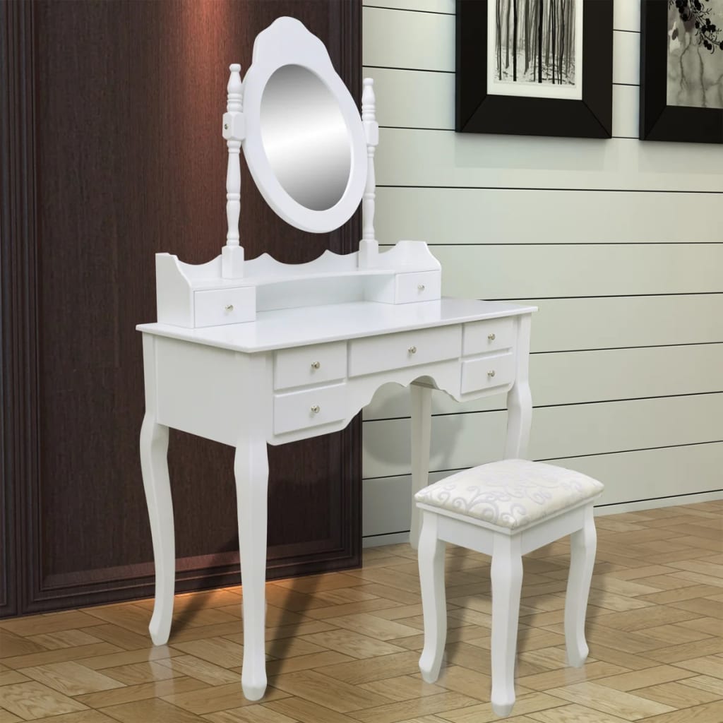 NOUVEAU:coiffeuse avec miroir carré, tiroir et compartiments simples,  coiffeuse avec armoire à maquillage, en bois blanc, cadeau pour femmes et  filles, chaise non incluse