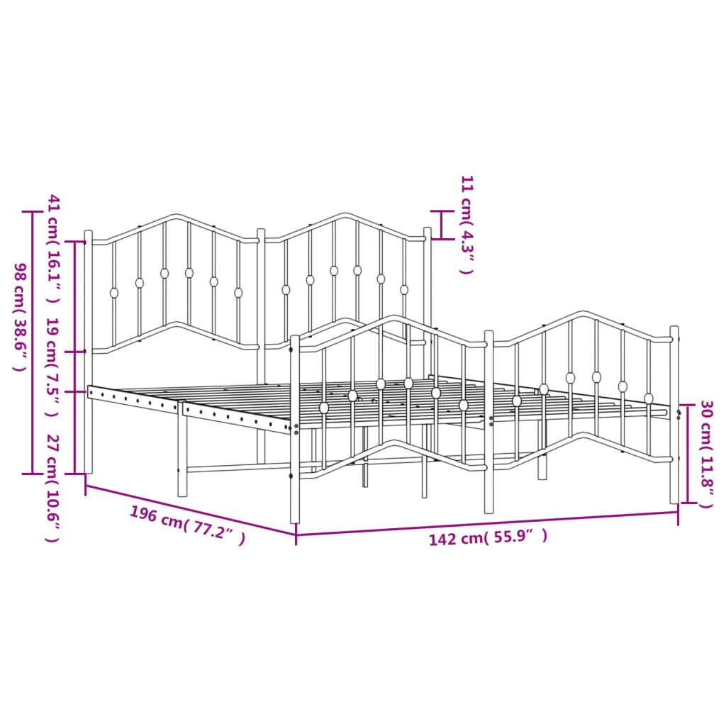 vidaXL Cadre de lit métal sans matelas et pied de lit blanc 135x190 cm