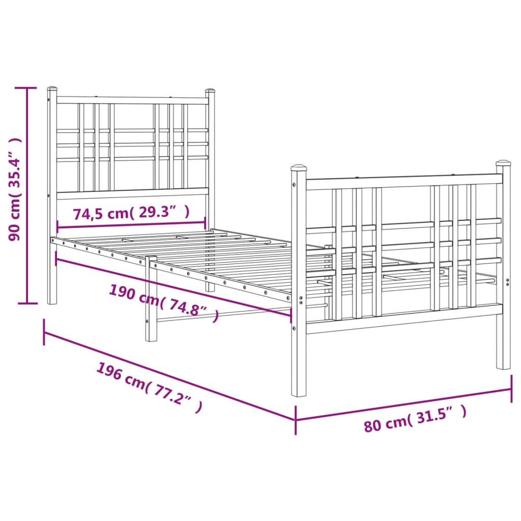 vidaXL Cadre de lit métal sans matelas avec pied de lit blanc 75x190cm