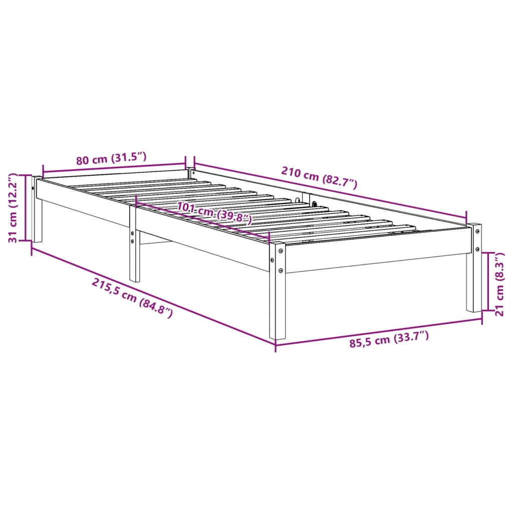 vidaXL Cadre de lit extra long sans matelas 80x210 cm bois massif pin