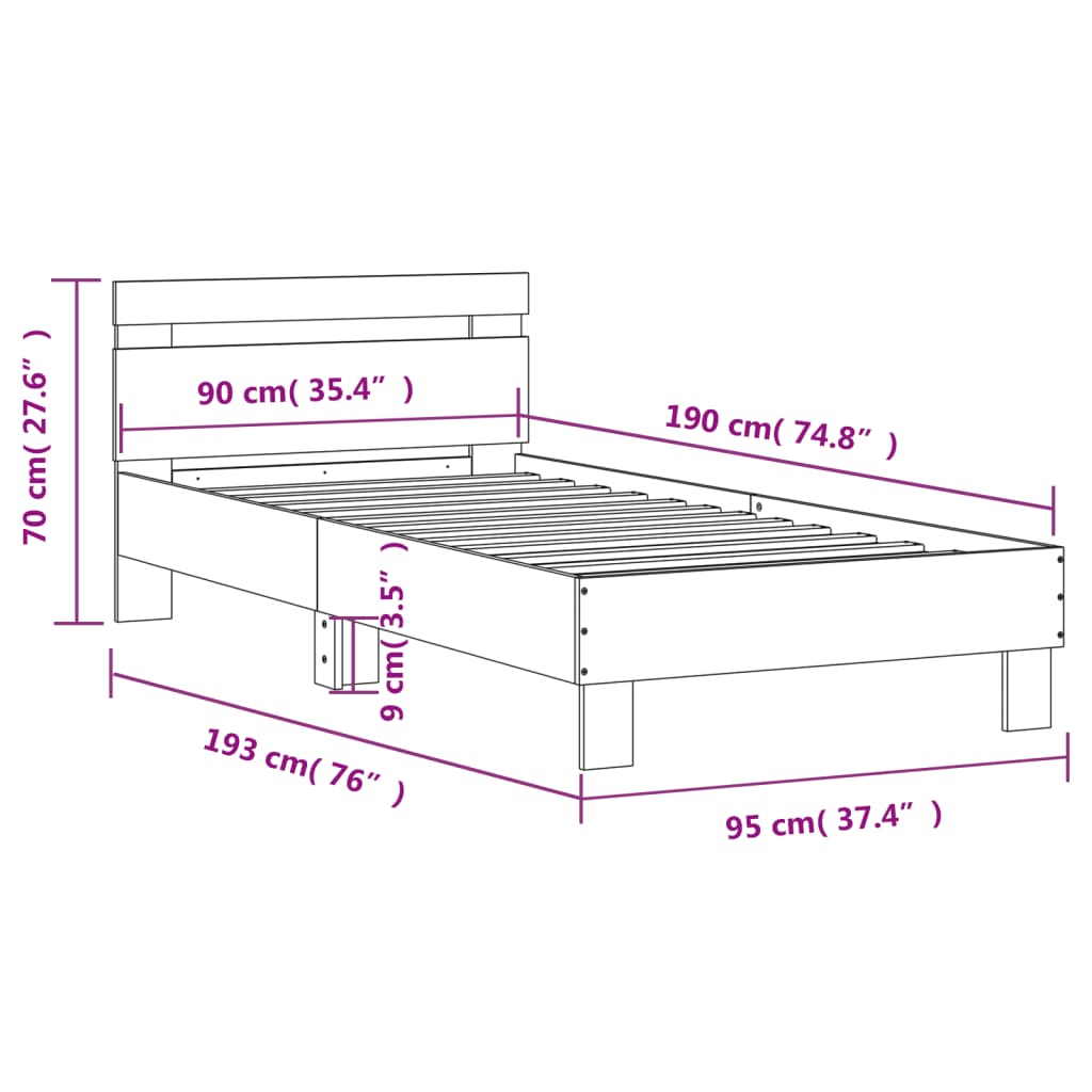 vidaXL Cadre de lit avec tête de lit et lumières LED noir 90x190 cm