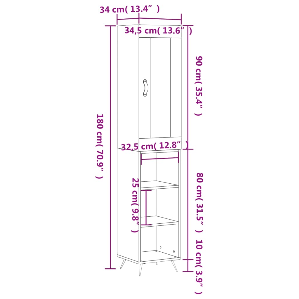 vidaXL Buffet haut Blanc brillant 34,5x34x180 cm Bois d'ingénierie