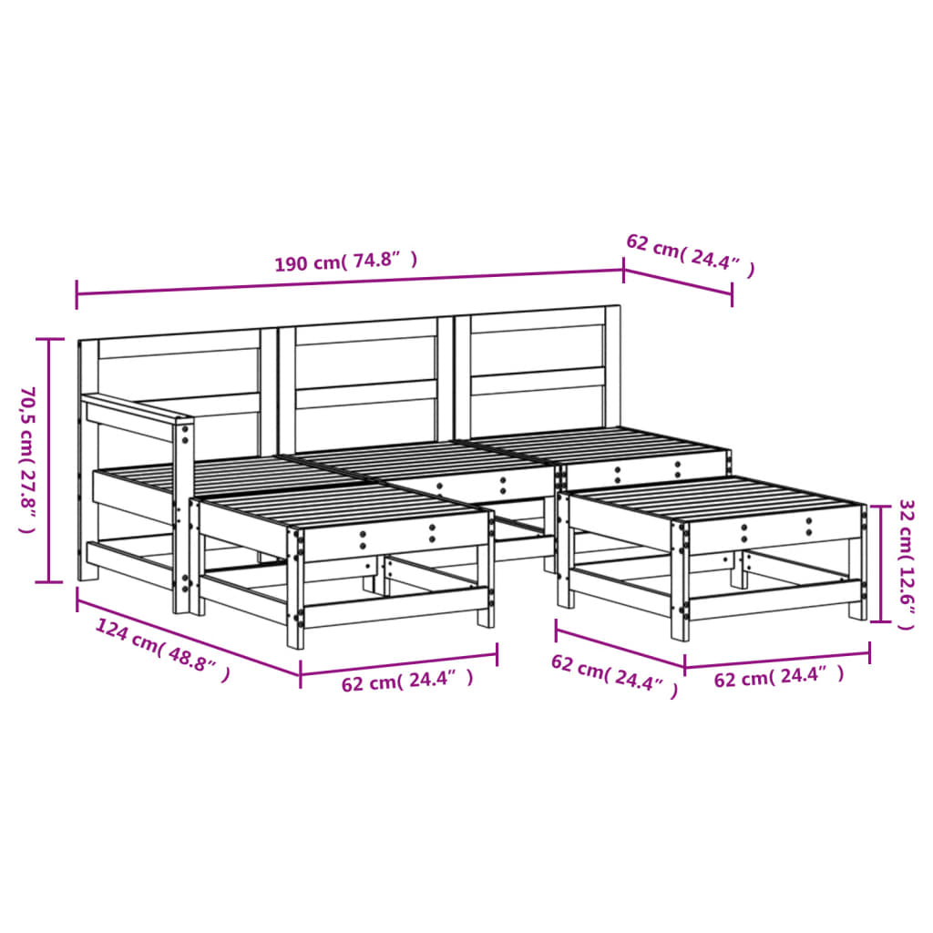 vidaXL Salon de jardin 5 pcs noir bois massif de pin