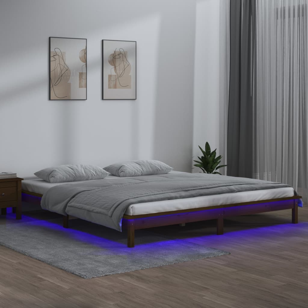 vidaXL Cadre de lit à LED marron miel 120x200 cm bois massif