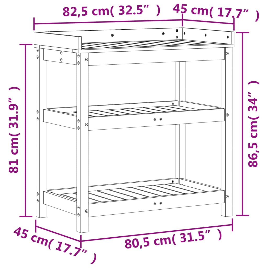 vidaXL Table de rempotage et étagères 82,5x45x86,5 cm bois massif pin