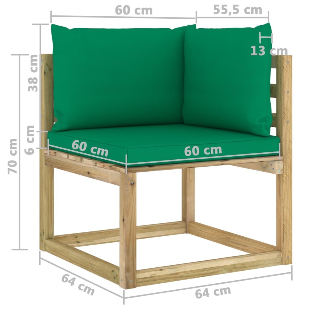 vidaXL Canapés d'angle de jardin 2pcs et coussins Pin imprégné de vert