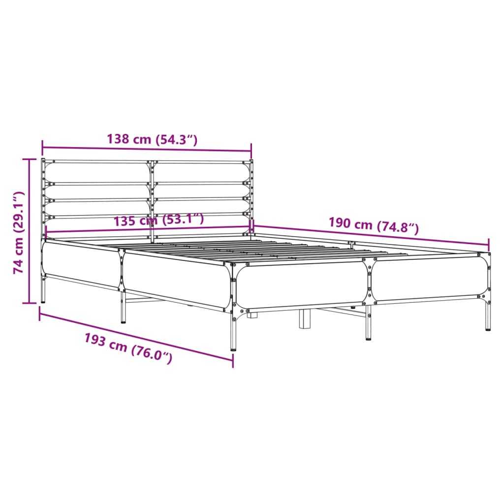 vidaXL Cadre de lit chêne sonoma 135x190 cm bois d'ingénierie et métal