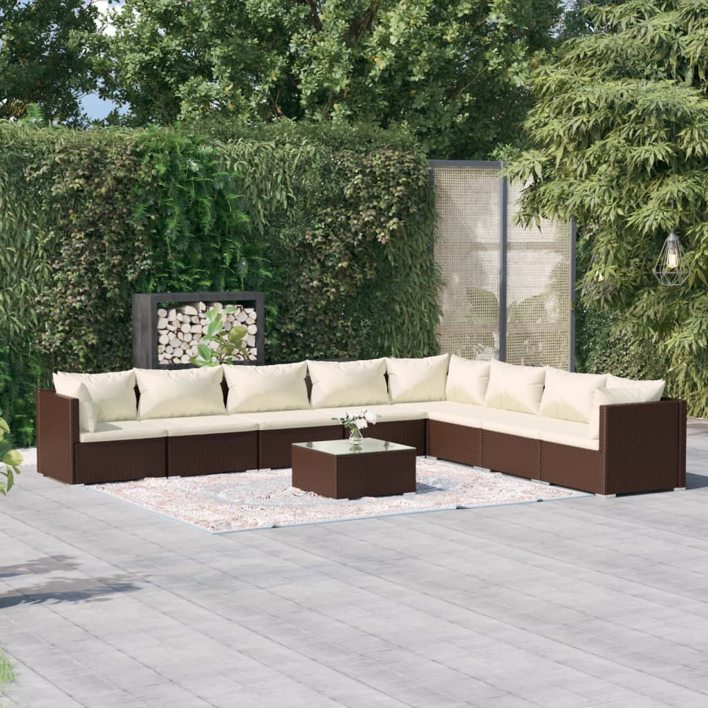 vidaXL Salon de jardin 9 pcs avec coussins Résine tressée Marron