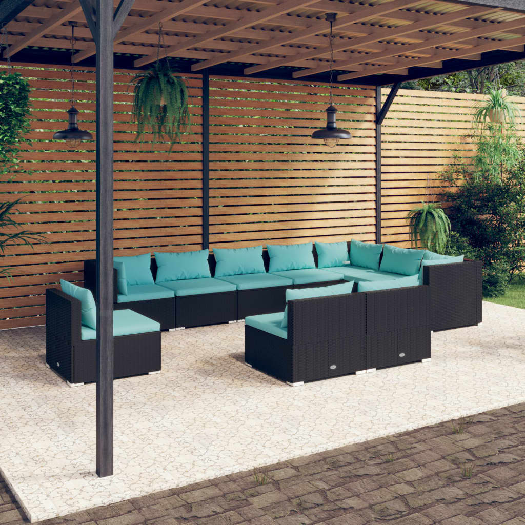 vidaXL Salon de jardin 10 pcs avec coussins Résine tressée Noir