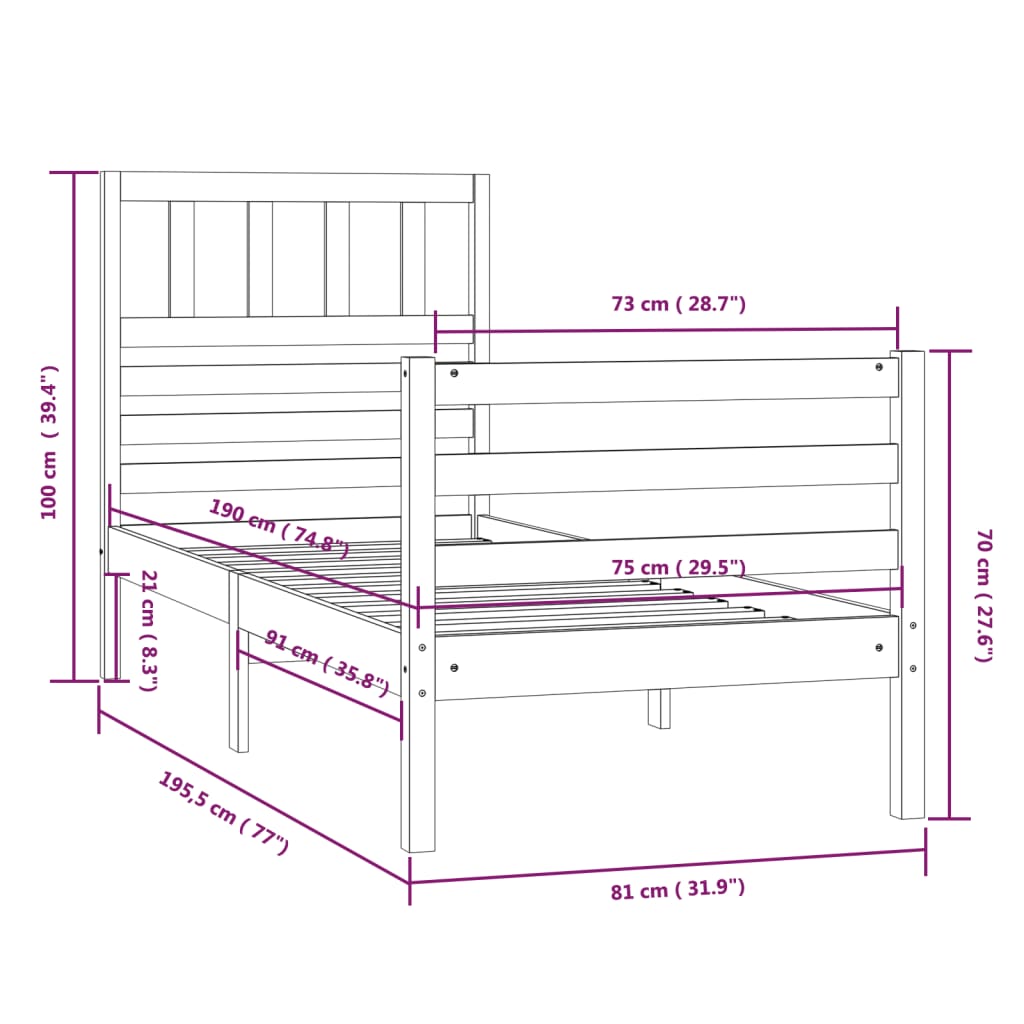 vidaXL Cadre de lit sans matelas blanc 75x190 cm bois massif