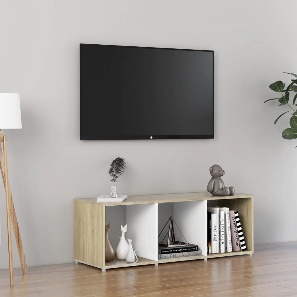 vidaXL Meuble TV blanc et chêne sonoma 107x35x37 cm bois d’ingénierie