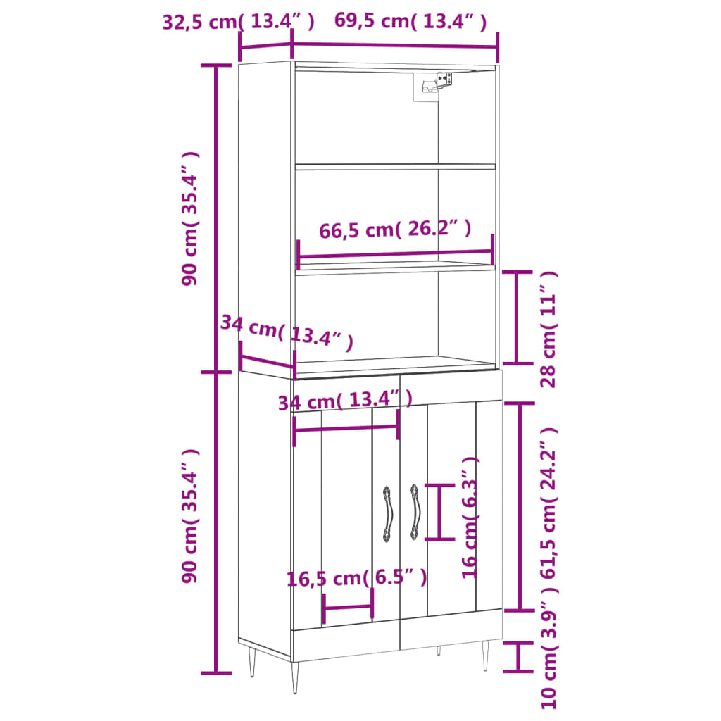 vidaXL Buffet haut Chêne marron 69,5x34x180 cm Bois d'ingénierie