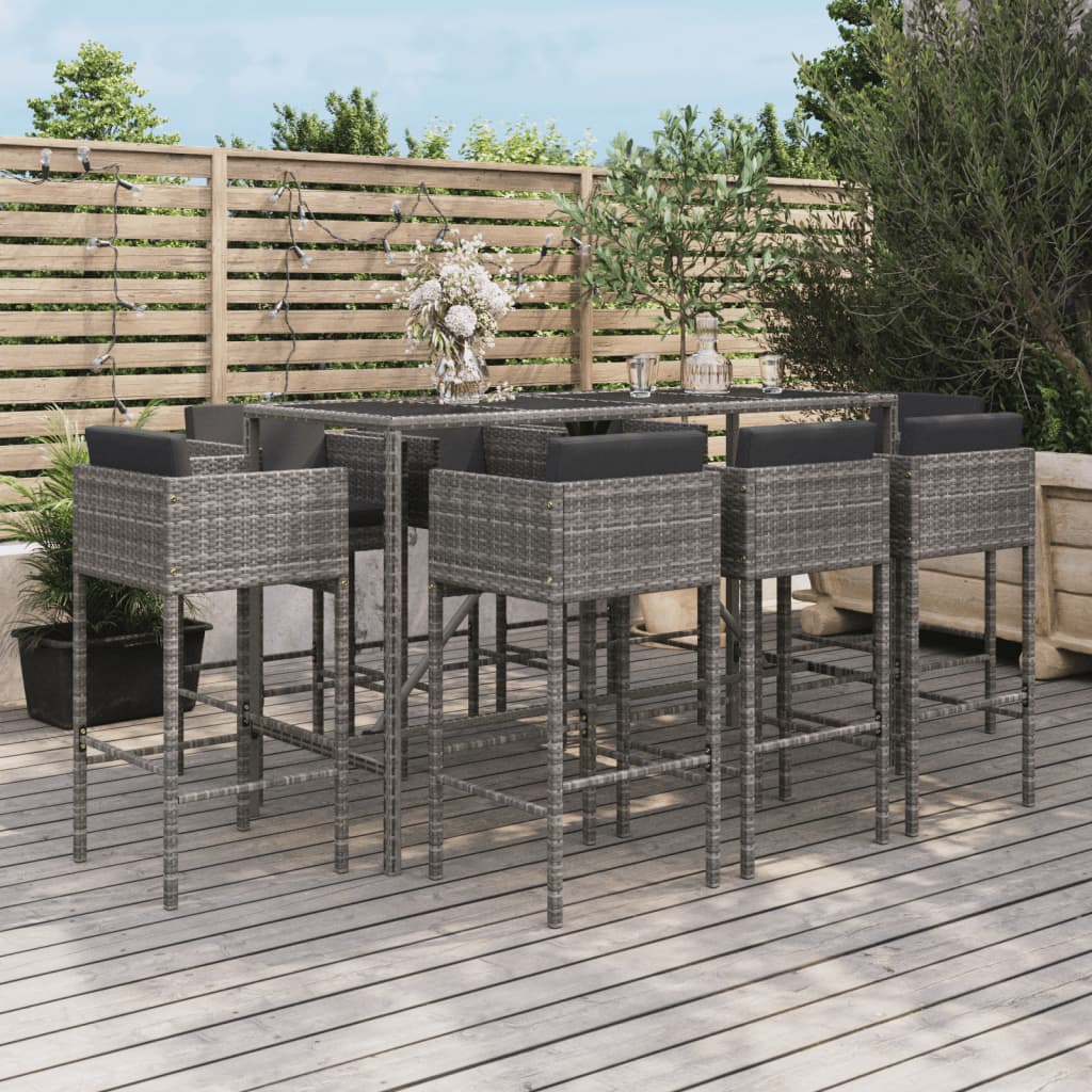 vidaXL Ensemble de bar de jardin 9 pcs avec coussins gris poly rotin