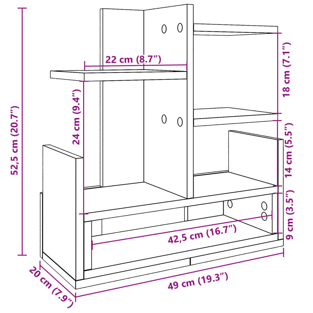 vidaXL Organisateur de bureau chêne fumé 49x20x52,5 cm