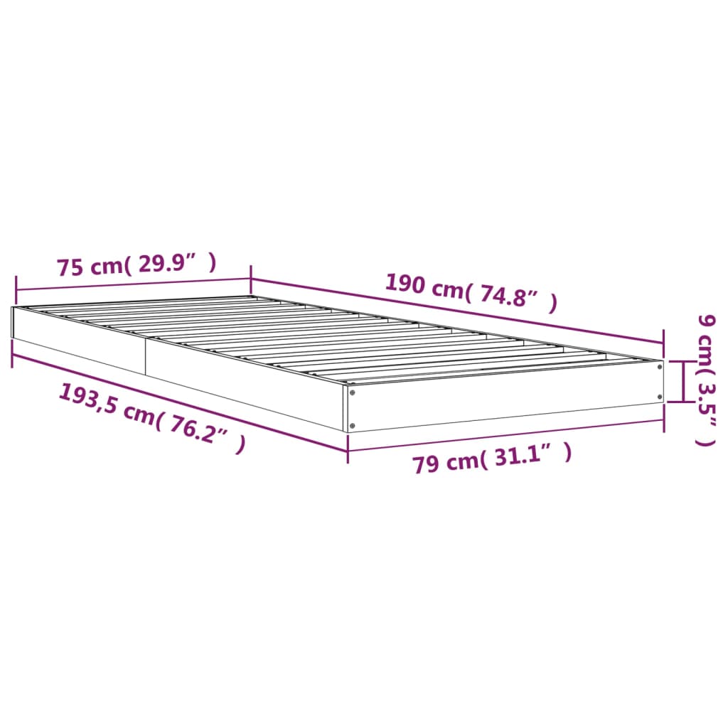 vidaXL Cadre de lit Gris 75x190 cm Bois pin massif Petit simple