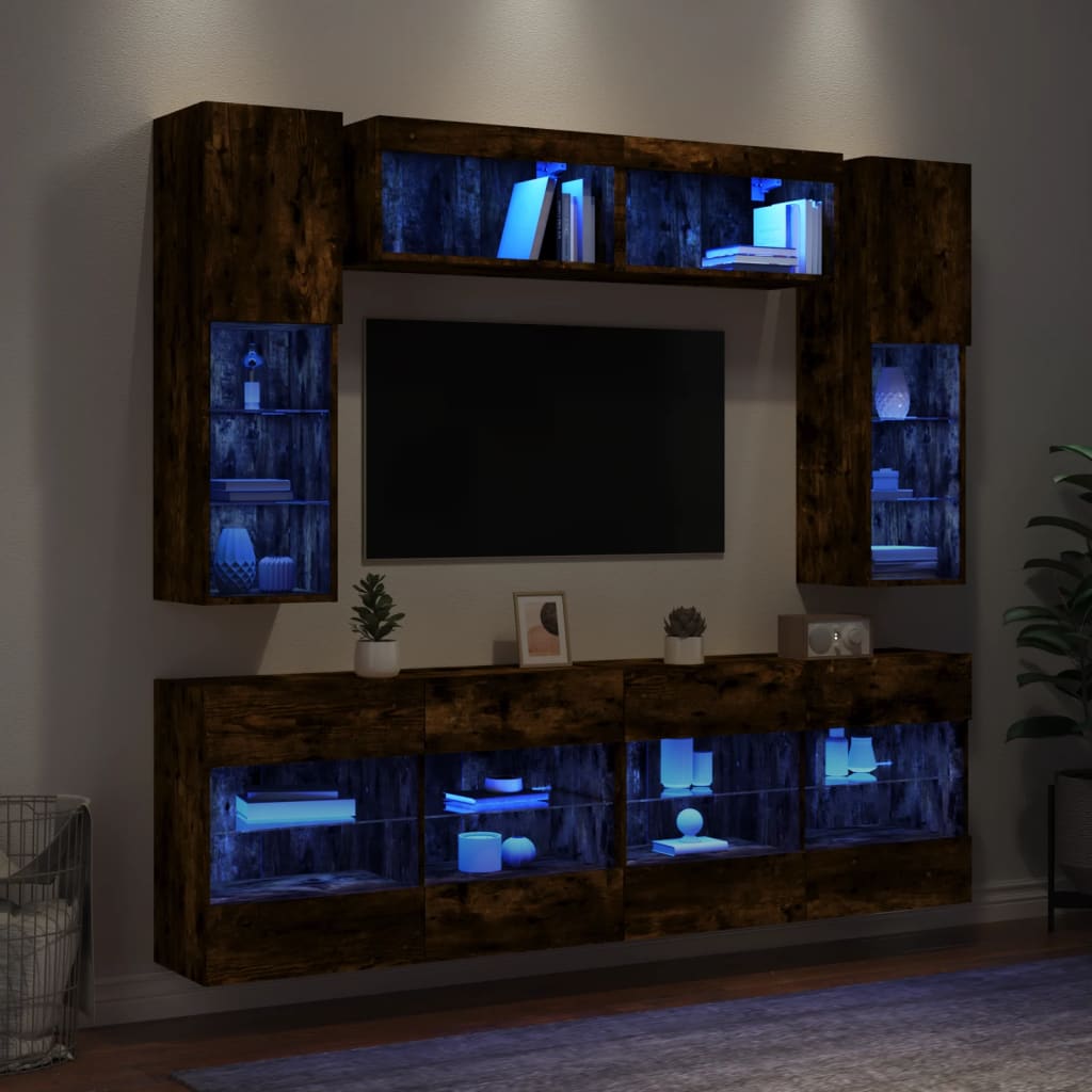 vidaXL Ensemble de meubles TV muraux 6pcs et lumières LED chêne fumé
