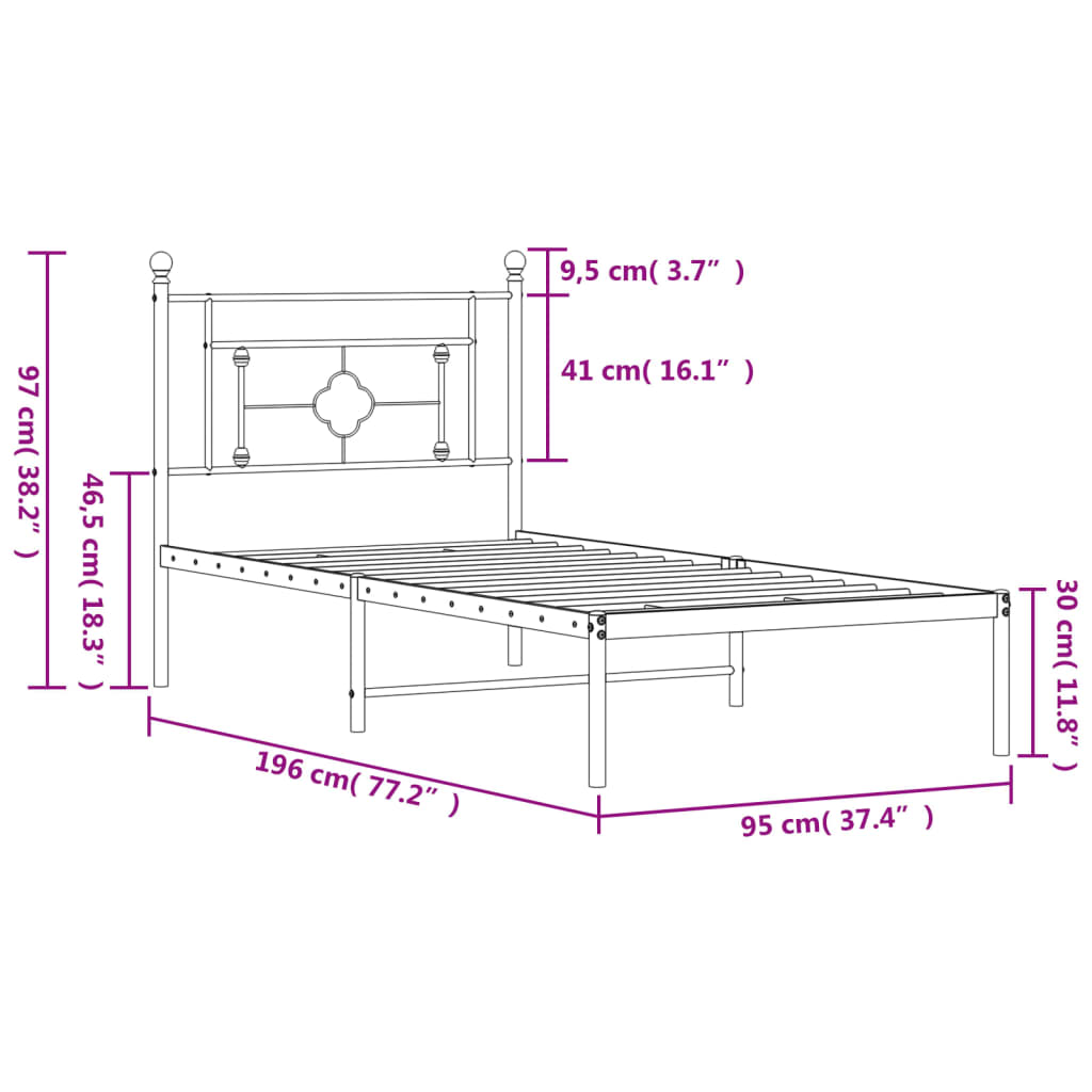 vidaXL Cadre de lit métal sans matelas avec tête de lit noir 90x190 cm