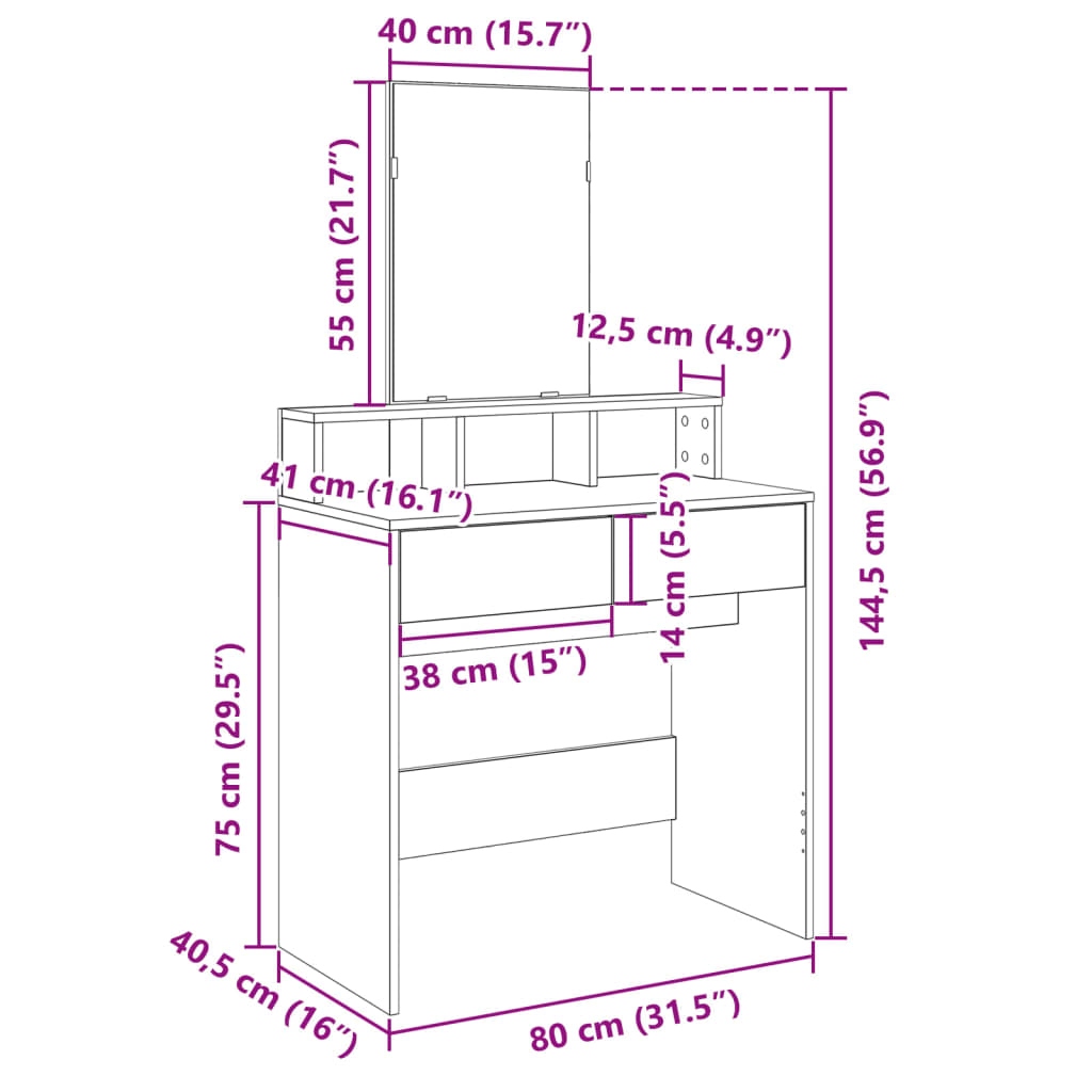 vidaXL Coiffeuse avec miroir chêne fumé 80x41x144,5 cm