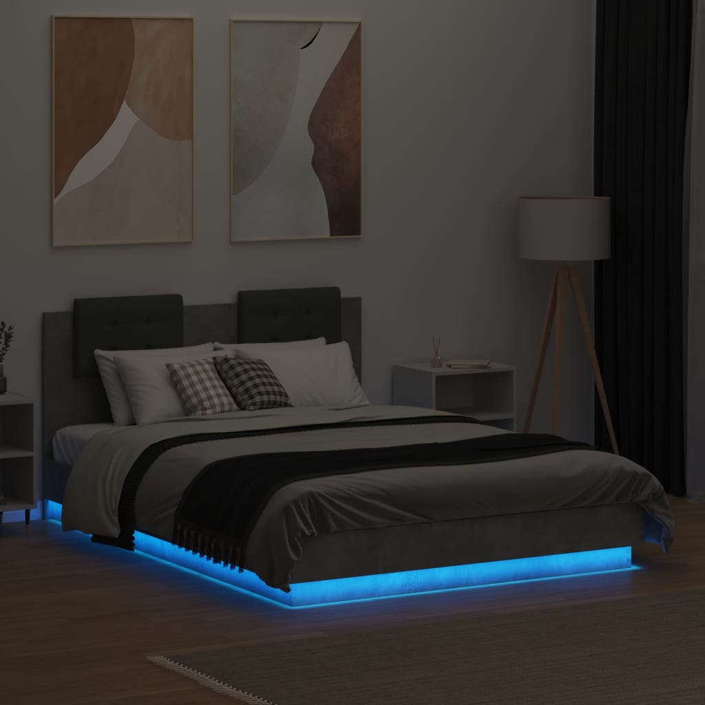 vidaXL Cadre de lit tête de lit et lumières LED gris béton 135x190 cm