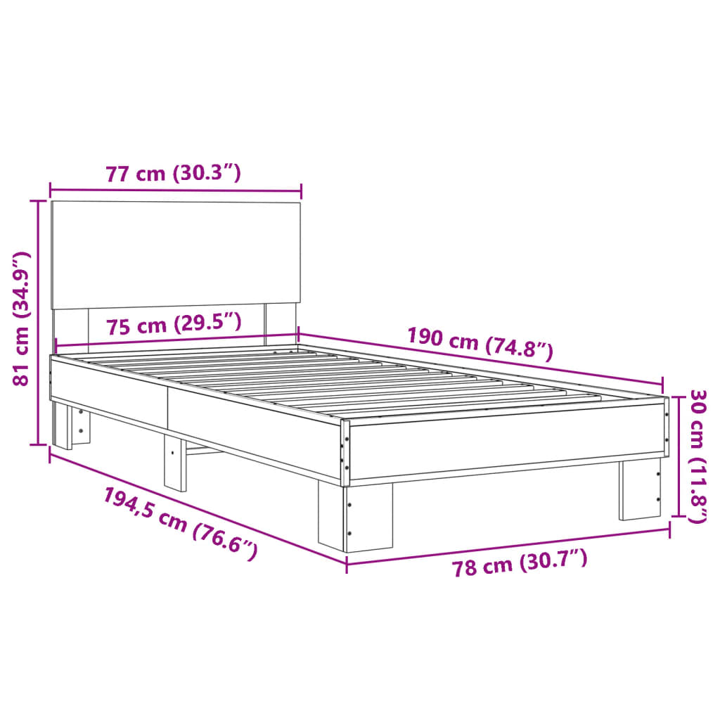 vidaXL Cadre de lit chêne sonoma 75x190 cm bois d'ingénierie et métal