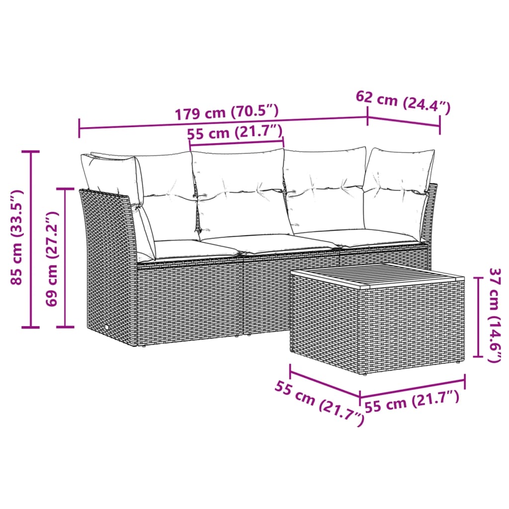 vidaXL Salon de jardin 4 pcs avec coussins gris résine tressée