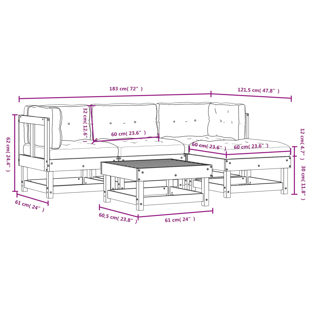 vidaXL Salon de jardin 5 pcs avec coussins bois massif