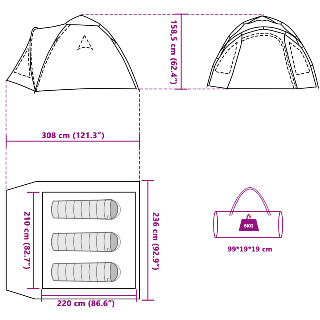 vidaXL Tente de camping à dôme 3 personnes vert libération rapide