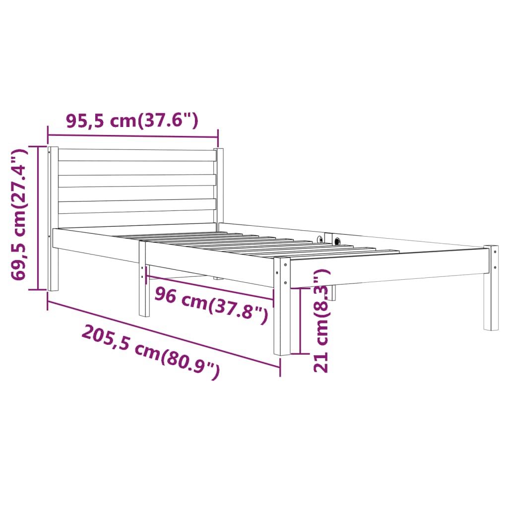 vidaXL Cadre de lit Bois de pin massif 90x200 cm Gris