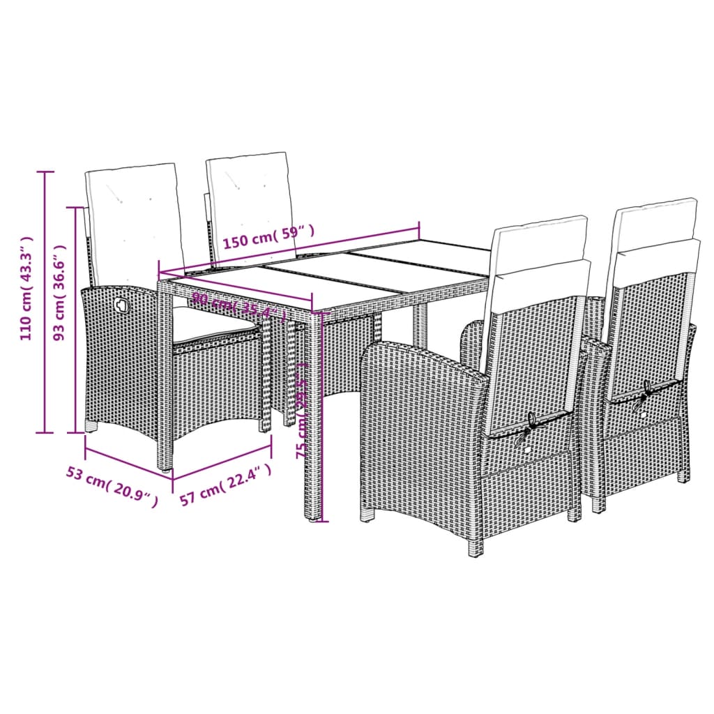 vidaXL Ensemble à manger de jardin coussins 5pcs Noir Résine tressée