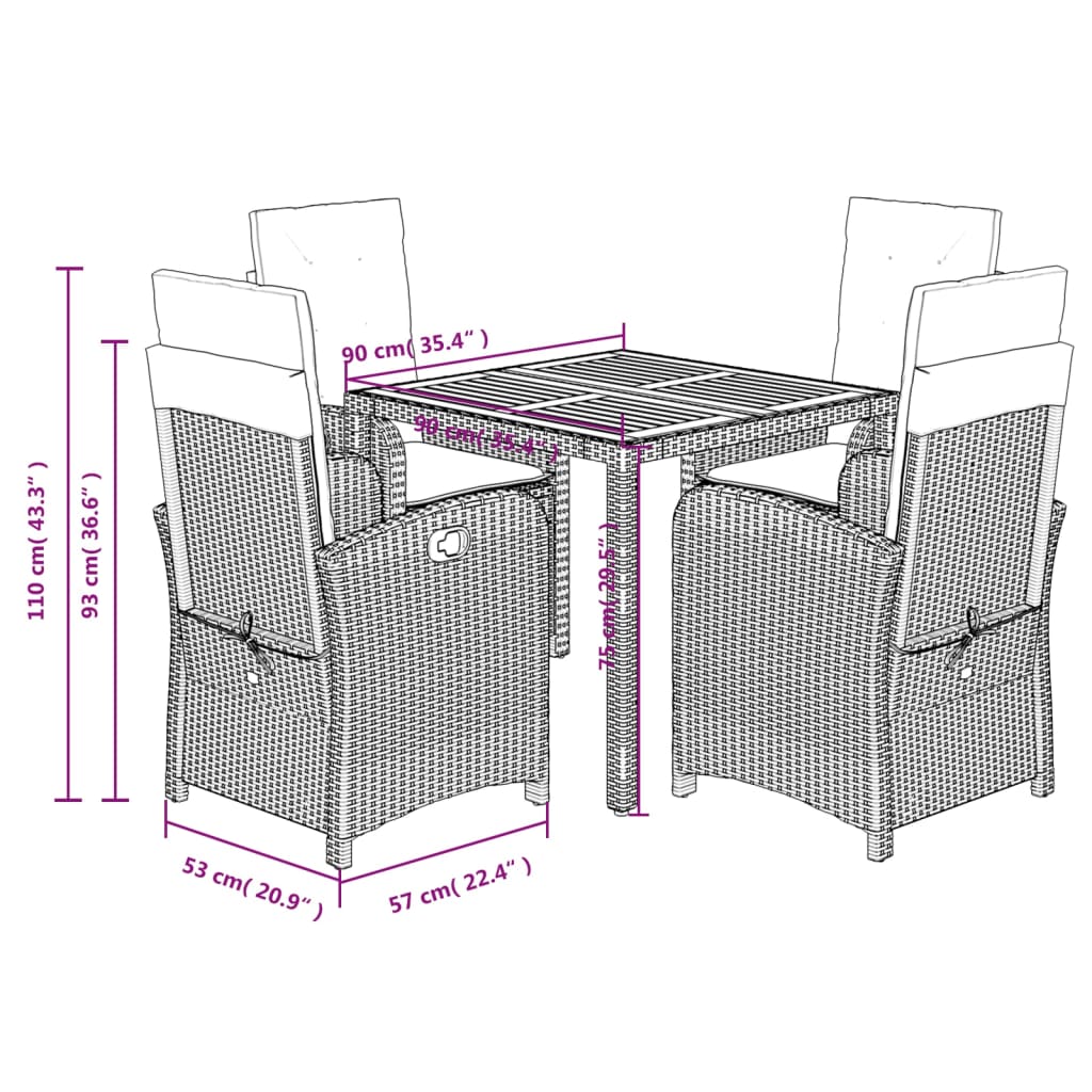 vidaXL Ensemble à manger de jardin coussins 5pcs Noir Résine tressée