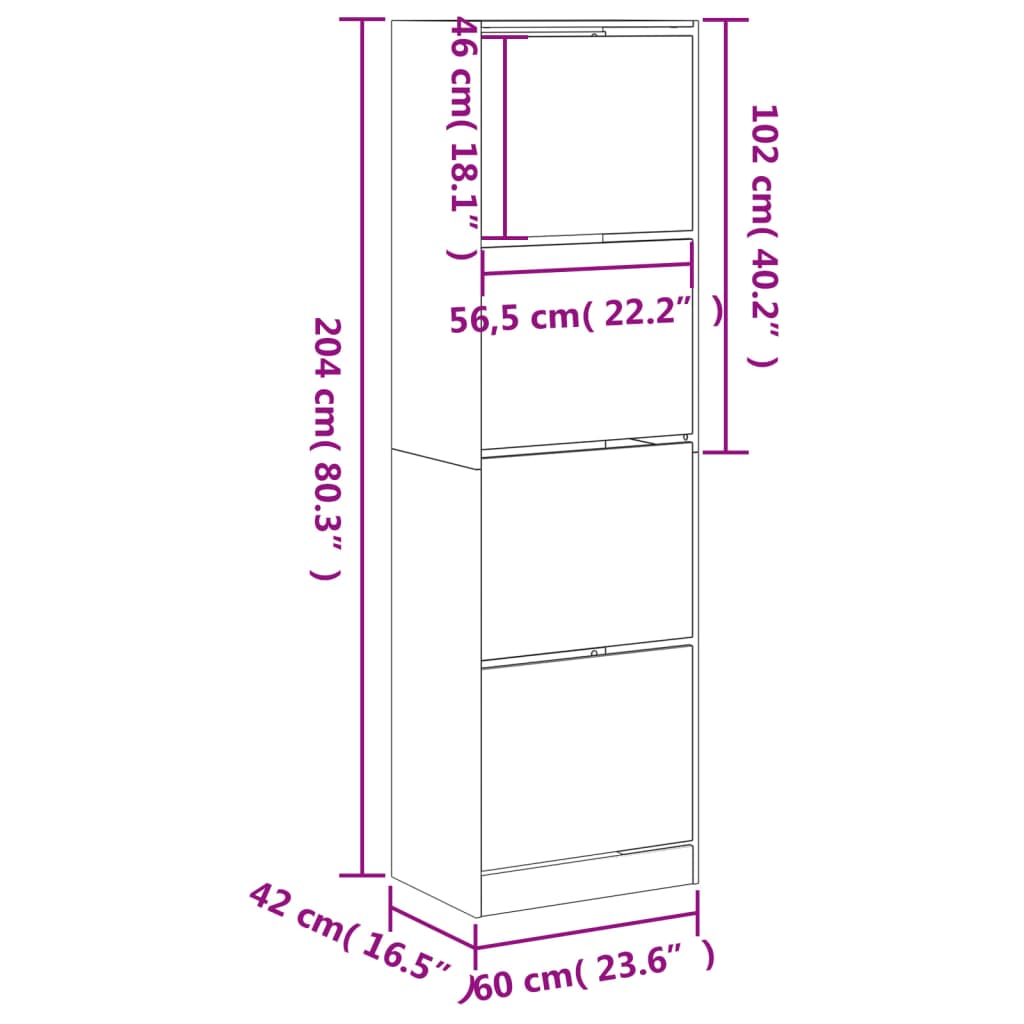 vidaXL Armoire à chaussures 4 tiroirs rabattables gris 60x42x204 cm