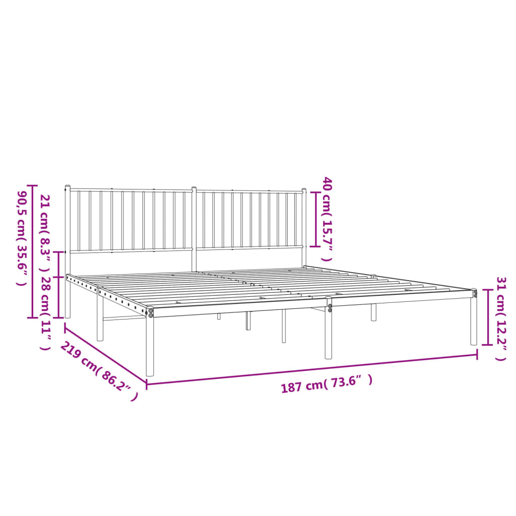 vidaXL Cadre de lit métal sans matelas avec tête de lit noir 183x213cm