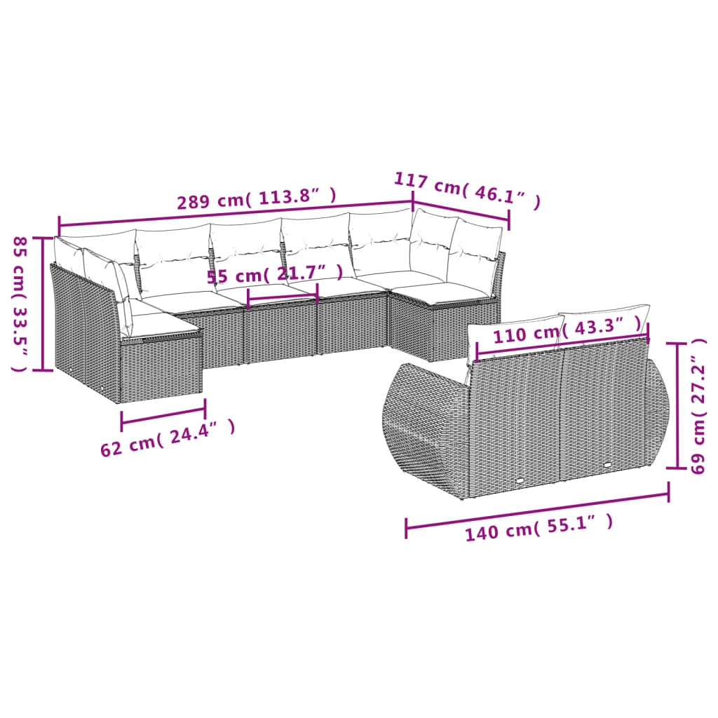 vidaXL Salon de jardin avec coussins 9 pcs beige résine tressée