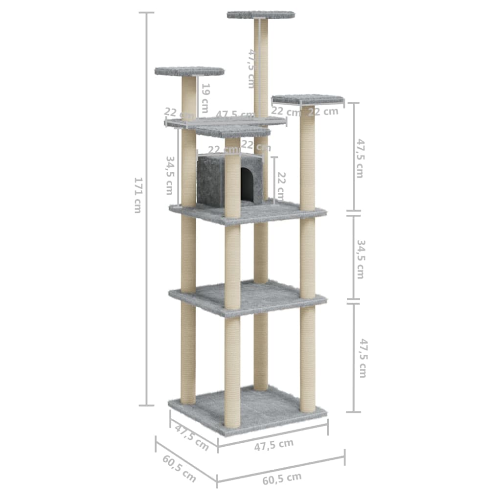 vidaXL Arbre à chat avec griffoirs en sisal Gris clair 171 cm