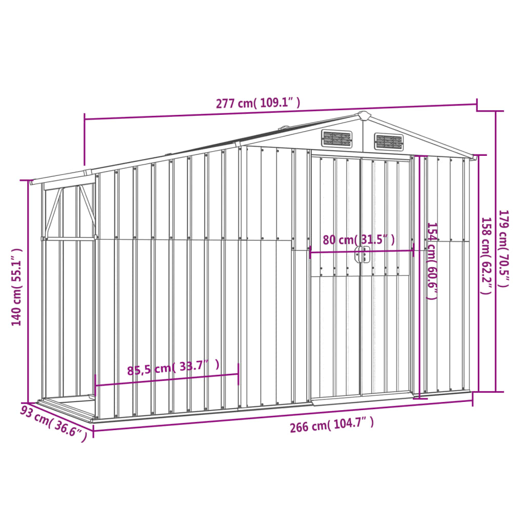 vidaXL Abri de jardin gris 277x93x179 cm acier galvanisé