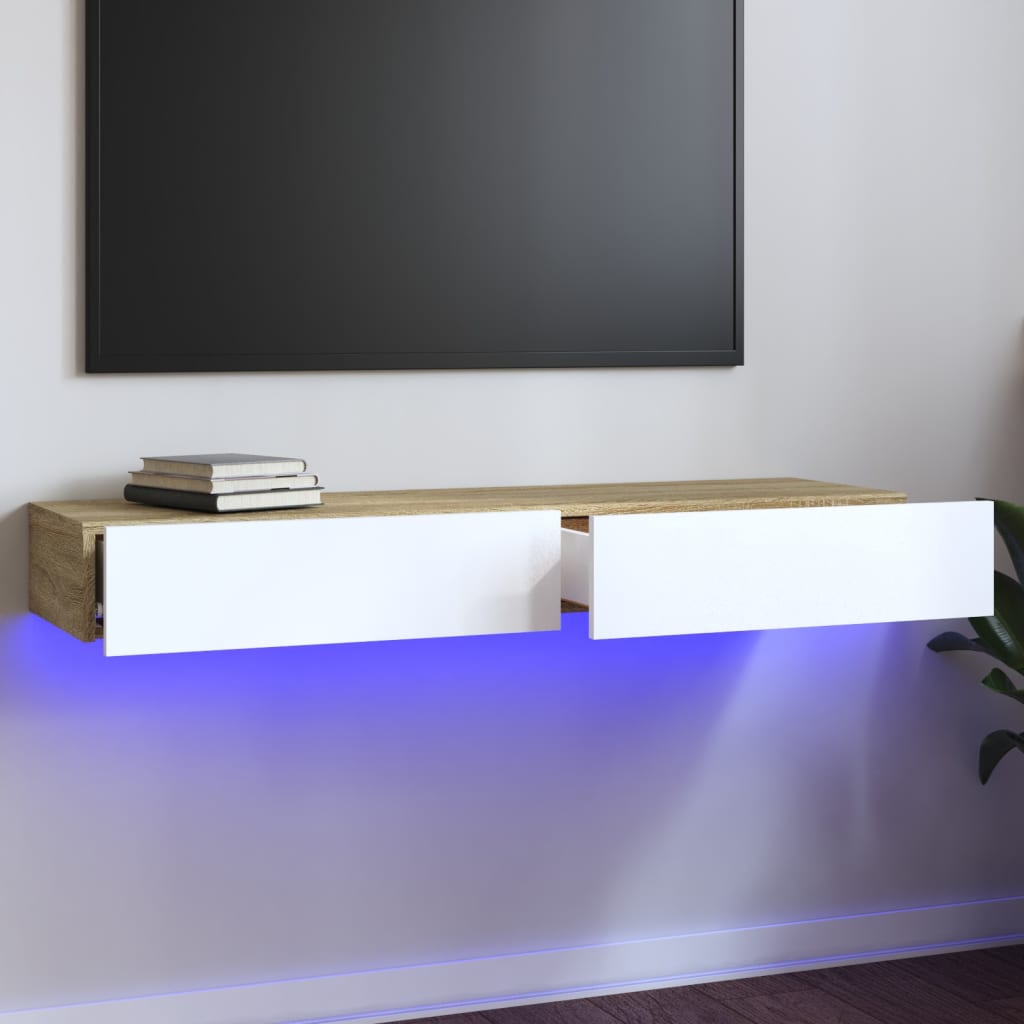 vidaXL Meuble TV avec lumières LED Blanc et chêne sonoma 120x35x15,5cm