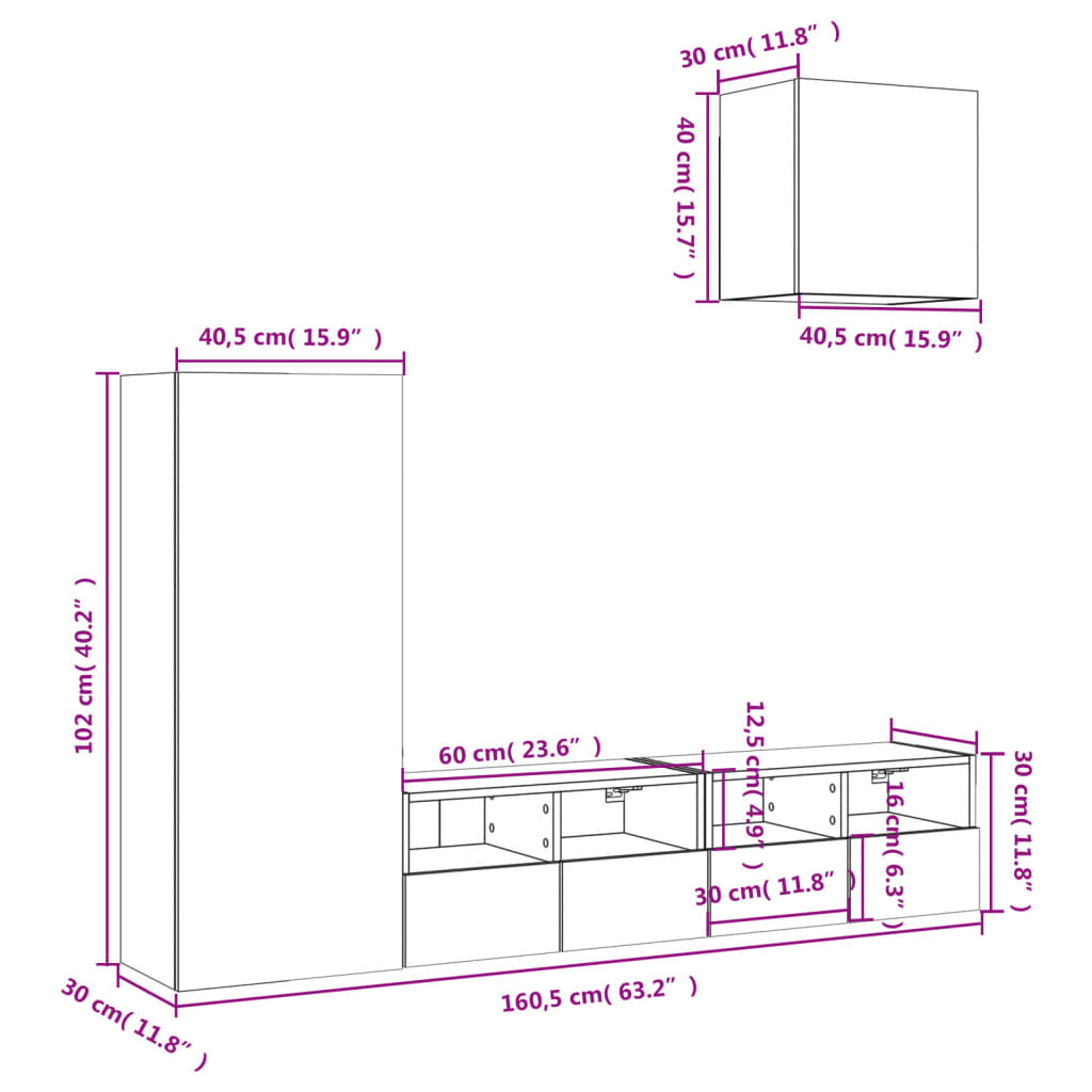 vidaXL Unités murales TV 4 pcs chêne fumé bois d'ingénierie