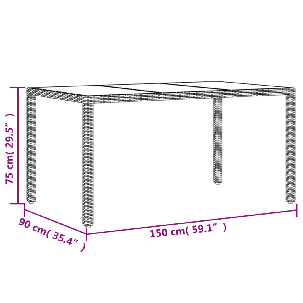 vidaXL Table de jardin 150x90x75cm Verre trempé et résine tressée Noir