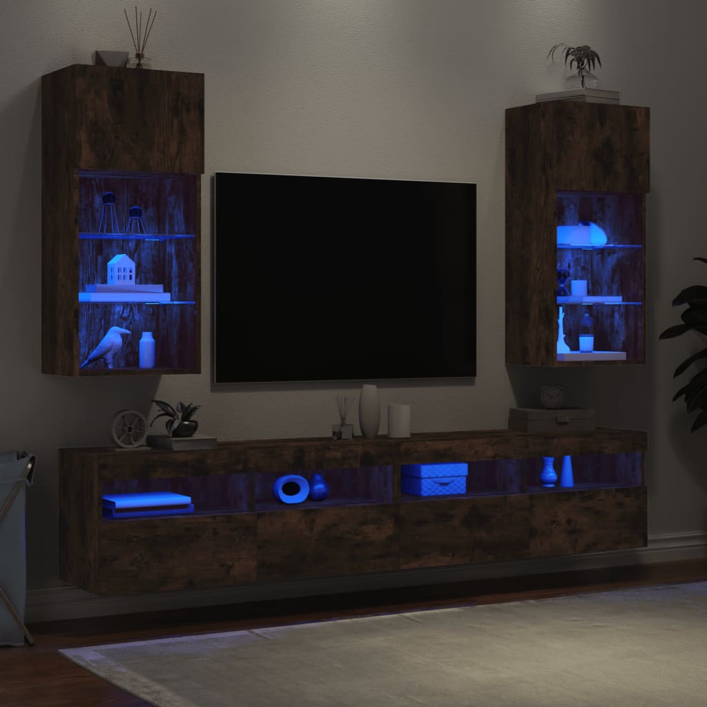 vidaXL Meubles TV avec lumières LED 2 pcs chêne fumé 40,5x30x90 cm