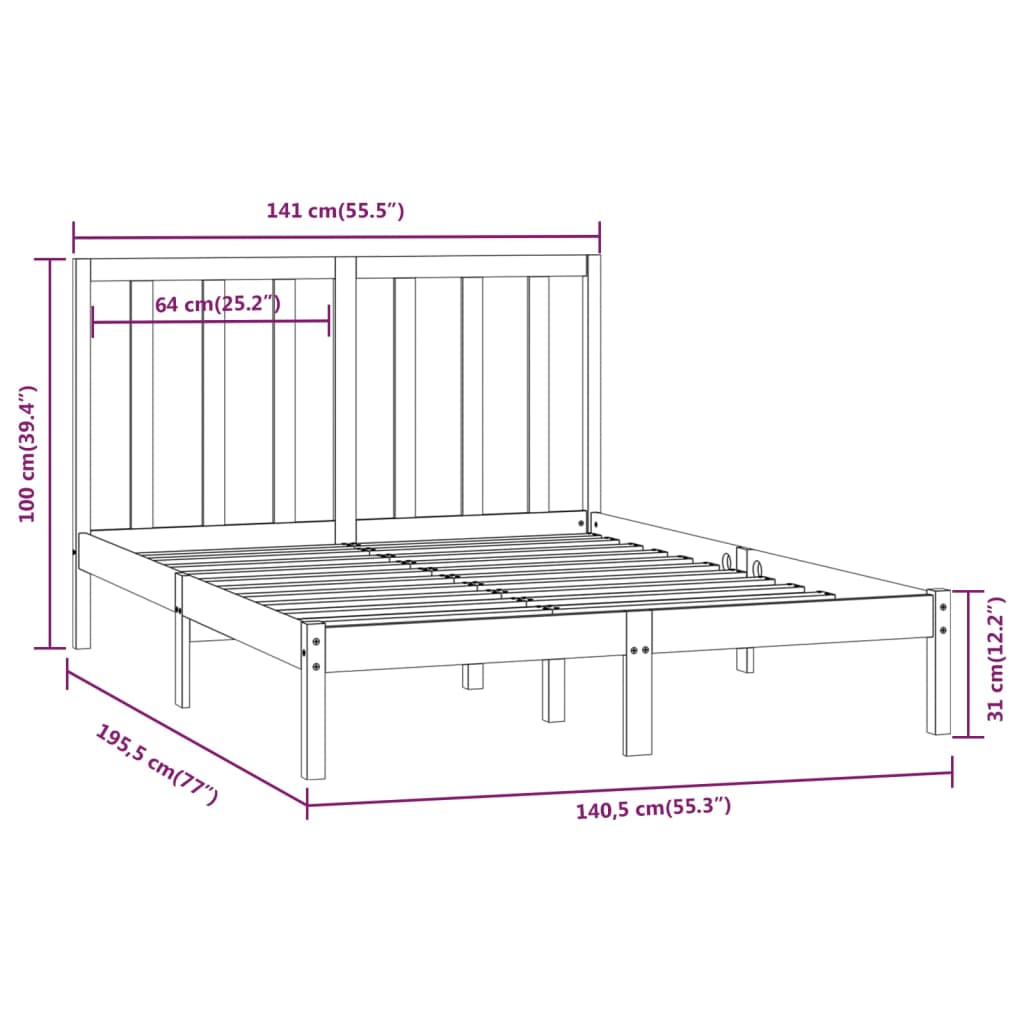 vidaXL Cadre de lit Noir Bois de pin massif 135x190 cm Double