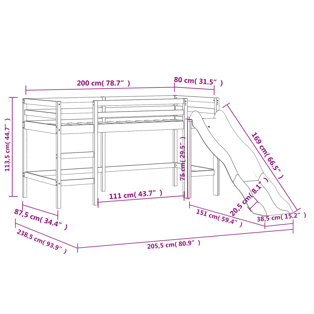 vidaXL Lit mezzanine enfants et rideaux rose 80x200cm bois pin massif