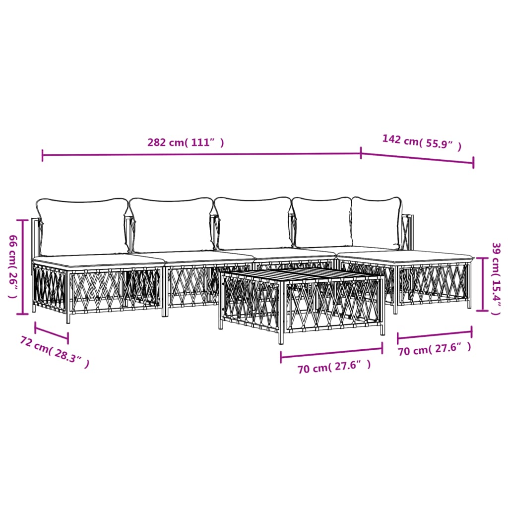 vidaXL Salon de jardin avec coussins 6 pcs blanc acier