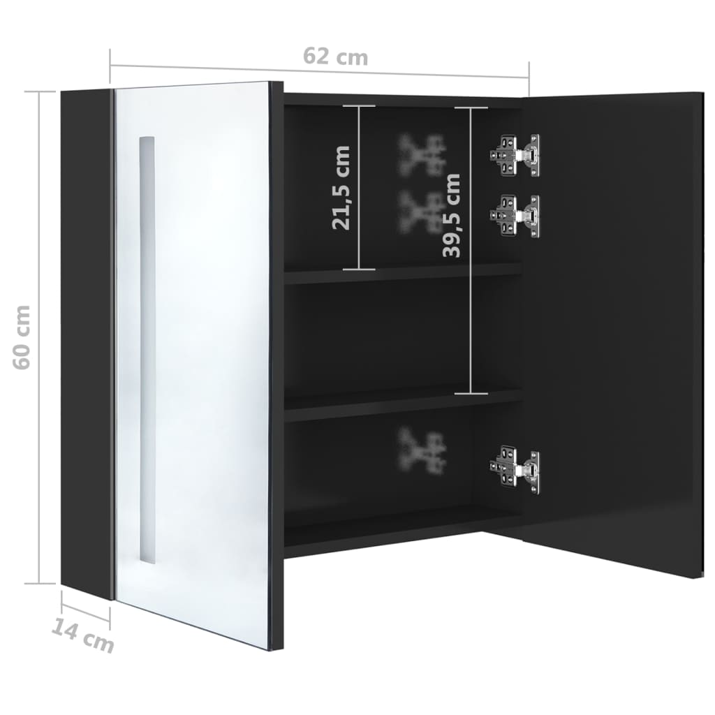 vidaXL Armoire de salle de bain à miroir LED noir brillant 62x14x60 cm